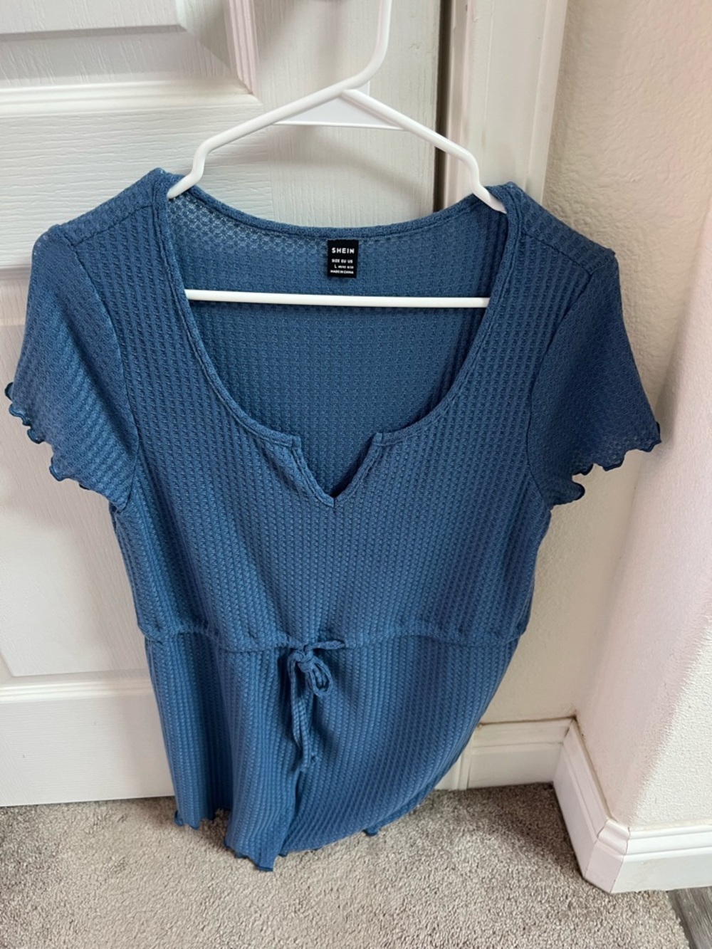 SHEIN Blue Textured Knit Cinch-Waist Short Sleeve Top